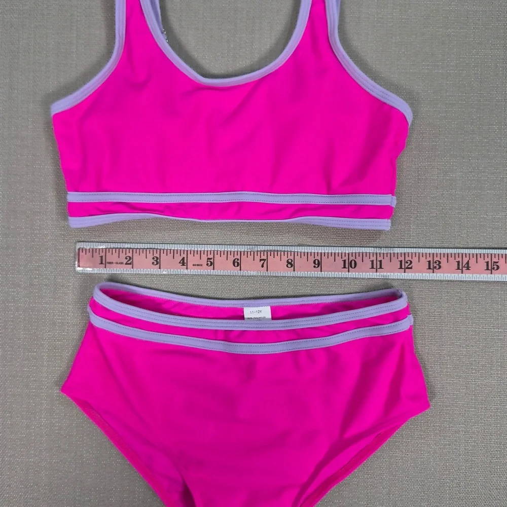 Girls Hot Pink and Purple Two Piece Swimsuit Bikini Set Size 11-12Y